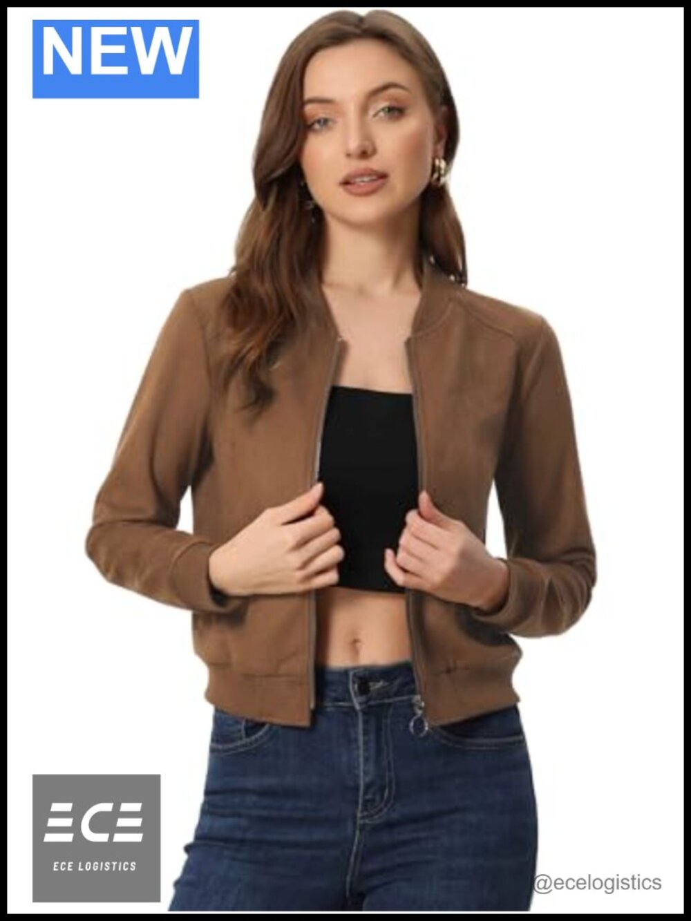 Faux Suede Bomber Jacket Stand Collar Zip Up Cropped Moto Womens